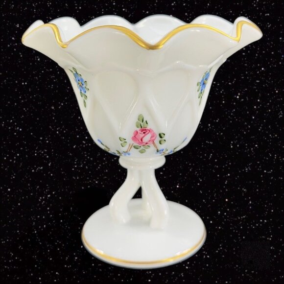 Westmoreland Compote Flower Hand Painted Compote Dish Gold Ruffled Top Glass VTG - Picture 1 of 10